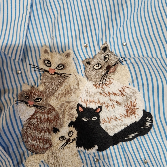Quacker Factory Blue Striped Cat Embroidered Shirt Size 3x - Picture 6 of 16